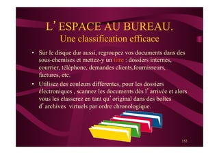 152
L’ESPACE AU BUREAU.
Une classification efficace
•  Sur le disque dur aussi, regroupez vos documents dans des
sous-chemises et mettez-y un titre : dossiers internes,
courrier, téléphone, demandes clients,fournisseurs,
factures, etc.
•  Utilisez des couleurs différentes, pour les dossiers
électroniques , scannez les documents dès l’arrivée et alors
vous les classerez en tant qu’original dans des boîtes
d’archives virtuels par ordre chronologique.
 