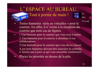 158
L’ESPACE AU BUREAU.
Tout à portée de main !
•  Trois« bannettes réels ou virtuelles » pour le
courrier. En effet, il n’existe à la réception du
courrier que trois cas de figures
•  1 Une bannette pour le courrier que vous avez à traiter.
2 Une bannette pour le courrier à distribuer à vos
collaborateurs.
3 Une bannette pour le courrier que vous devez classer.
A ces trois bannettes doivent-être associées la corbeille,
n’hésitez pas à jeter ce qui vous encombre inutilement.
•  Placez les priorités au dessus de la pile.
In
Out
To work
 