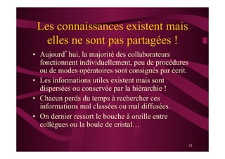 21
Les connaissances existent mais
elles ne sont pas partagées !
•  Aujourd’hui, la majorité des collaborateurs
fonctionnent individuellement, peu de procédures
ou de modes opératoires sont consignés par écrit.
•  Les informations utiles existent mais sont
dispersées ou conservée par la hiérarchie !
•  Chacun perds du temps à rechercher ces
informations mal classées ou mal diffusées.
•  On dernier ressort le bouche à oreille entre
collègues ou la boule de cristal…
 