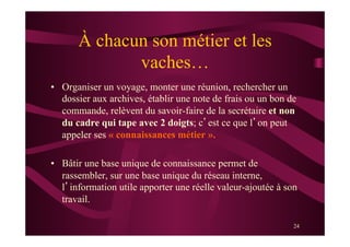 24
À chacun son métier et les
vaches…
•  Organiser un voyage, monter une réunion, rechercher un
dossier aux archives, établir une note de frais ou un bon de
commande, relèvent du savoir-faire de la secrétaire et non
du cadre qui tape avec 2 doigts; c’est ce que l’on peut
appeler ses « connaissances métier ».
•  Bâtir une base unique de connaissance permet de
rassembler, sur une base unique du réseau interne,
l’information utile apporter une réelle valeur-ajoutée à son
travail.
 