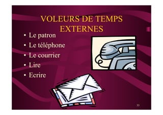 33
VOLEURS DE TEMPS
EXTERNES
•  Le patron
•  Le téléphone
•  Le courrier
•  Lire
•  Ecrire
 