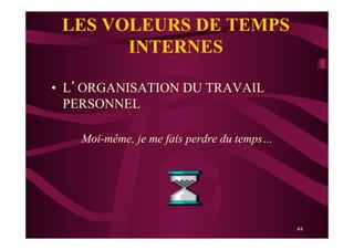 44
LES VOLEURS DE TEMPS
INTERNES
•  L’ORGANISATION DU TRAVAIL
PERSONNEL
Moi-même, je me fais perdre du temps…
 