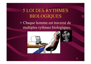 50
5 LOI DES RYTHMES
BIOLOGIQUES
•  Chaque homme est traversé de
multiples rythmes biologiques.
 