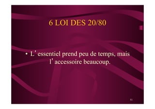 51
6 LOI DES 20/80
•  L’essentiel prend peu de temps, mais
l’accessoire beaucoup.
 