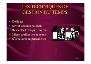 67
LES TECHNIQUES DE
GESTION DU TEMPS
•  Déléguer
•  Savoir dire non poliment
•  Respecter le temps d’autrui
•  Mieux profiter de son temps
•  S’améliorer en permanence
 