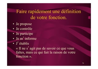 74
Faire rapidement une définition
de votre fonction.
•  Je propose
•  Je contrôle
•  Je participe
•  Je m’informe
•  J’établis
« Il ne s’agit pas de savoir ce que vous
faîtes, mais ce qui fait la raison de votre
fonction ».
 