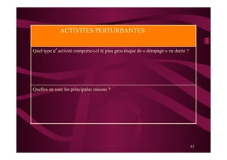 83
ACTIVITES PERTURBANTES
Quel type d’activité comporte-t-il le plus gros risque de « dérapage » en durée ?
Quelles en sont les principales raisons ?
 