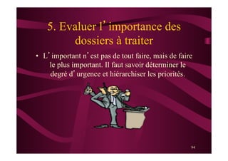 94
5. Evaluer l’importance des
dossiers à traiter
•  L’important n’est pas de tout faire, mais de faire
le plus important. Il faut savoir déterminer le
degré d’urgence et hiérarchiser les priorités.
 