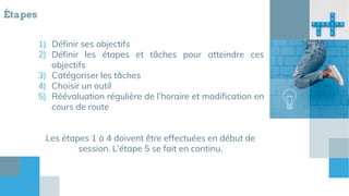Étapes
1) Définir ses objectifs
2) Définir les étapes et tâches pour atteindre ces
objectifs
3) Catégoriser les tâches
4) Choisir un outil
5) Réévaluation régulière de l’horaire et modification en
cours de route
Les étapes 1 à 4 doivent être effectuées en début de
session. L’étape 5 se fait en continu.
 