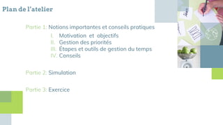 Plan de l’atelier
Partie 1: Notions importantes et conseils pratiques
I. Motivation et objectifs
II. Gestion des priorités
III. Étapes et outils de gestion du temps
IV. Conseils
Partie 2: Simulation
Partie 3: Exercice
 