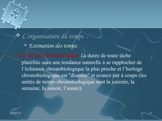  L’organisation du temps :
 Estimation des temps:
*La loi de chronobiologie La durée de toute tâche
planifiée aura une tendance naturelle à se rapprocher de
l’échéance chronobiologique la plus proche et l’horloge
chronobiologique est "discrète" et avance par à coups (les
unités de temps chronobiologique sont la journée, la
semaine, la saison, l’année).
21/07/13 17
 