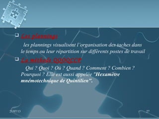  Les plannings
les plannings visualisent l’organisation des taches dans
le temps ou leur répartition sur différents postes de travail
 La méthode QQOQCCP
Qui ? Quoi ? Où ? Quand ? Comment ? Combien ?
Pourquoi ? Elle est aussi appelée "Hexamètre
mnémotechnique de Quintilien".
21/07/13 27
 