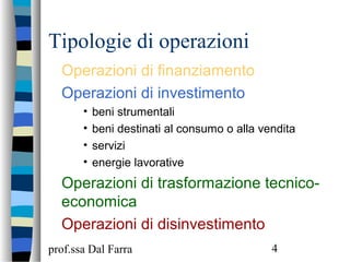 prof.ssa Dal Farra 4
Tipologie di operazioni
Operazioni di finanziamento
Operazioni di investimento
• beni strumentali
• beni destinati al consumo o alla vendita
• servizi
• energie lavorative
Operazioni di trasformazione tecnico-
economica
Operazioni di disinvestimento
 