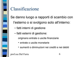 prof.ssa Dal Farra 6
Classificazione
Se danno luogo a rapporti di scambio con
l’esterno o si svolgono solo all’interno:
– fatti interni di gestione
– fatti esterni di gestione:
originano entrate o uscite finanziarie
• entrate o uscite monetarie
• aumenti o diminuzioni nei crediti e nei debiti
 
