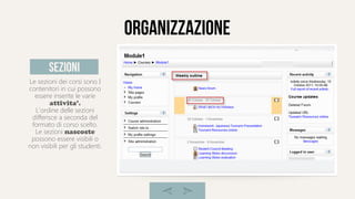 organizzazione
Le sezioni dei corsi sono I
contenitori in cui possono
essere inserite le varie
attivita'.
L'ordine delle sezioni
differisce a seconda del
formato di corso scelto.
Le sezioni nascoste
possono essere visibili o
non visibili per gli studenti.
sezioni
 