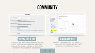 community
Se abilitati dall'amministratore sono presenti
corsi a richiesta nelle categorie specificate.
L'utente che riceve e effettua le richieste ha
specifiche autorizzazioni (capabilities)
corsi a richiesta
Durante l'upload del file .csv (testo) usa
l'anteprima per visualizzare la corretta
distribuzione delle informazioni
caricamento
 