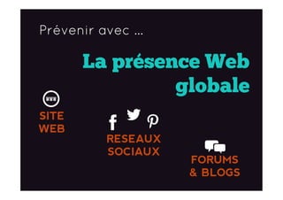 Prévenir avec …
La présence Web
globale
SITE
WEB
RESEAUX
SOCIAUX
FORUMS
& BLOGS
 