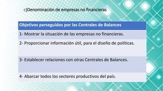 Objetivos perseguidos por las Centrales de Balances
1- Mostrar la situación de las empresas no financieras.
2- Proporcionar información útil, para el diseño de políticas.
3- Establecer relaciones con otras Centrales de Balances.
4- Abarcar todos los sectores productivos del país.
c)Denominación de empresas no financieras
 