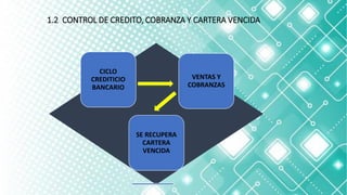 1.2 CONTROL DE CREDITO, COBRANZA Y CARTERA VENCIDA
CICLO
CREDITICIO
BANCARIO
VENTAS Y
COBRANZAS
SE RECUPERA
CARTERA
VENCIDA
 
