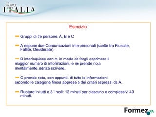 Esercizio Gruppi di tre persone: A, B e C A espone due Comunicazioni interpersonali (scelte tra Riuscite, Fallite, Desiderate). B interloquisce con A, in modo da fargli esprimere il maggior numero di informazioni, e ne prende nota mentalmente, senza scrivere. C prende nota, con appunti, di tutte le informazioni secondo le categorie finora apprese e dei criteri espressi da A. Ruotare in tutti e 3 i ruoli: 12 minuti per ciascuno e complessivi 40 minuti. 
