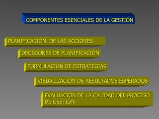 COMPONENTES ESENCIALES DE LA GESTIÓN PLANIFICACIÓN  DE LAS ACCIONES DECISIONES DE PLANIFICACIÓN FORMULACIÓN DE ESTRATEGIAS VISUALIZACIÓN DE RESULTADOS ESPERADOS EVALUACIÓN DE LA CALIDAD DEL PROCESO  DE GESTIÓN 