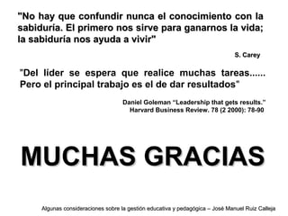 "No hay que confundir nunca el conocimiento con la"No hay que confundir nunca el conocimiento con la
sabiduría. El primero nos sirve para ganarnos la vida;sabiduría. El primero nos sirve para ganarnos la vida;
la sabiduría nos ayuda a vivir"la sabiduría nos ayuda a vivir"
S. CareyS. Carey
"Del líder se espera que realice muchas tareas......
Pero el principal trabajo es el de dar resultados"
Daniel Goleman “Leadership that gets results.”
Harvard Business Review. 78 (2 2000): 78-90
MUCHAS GRACIASMUCHAS GRACIAS
Algunas consideraciones sobre la gestión educativa y pedagógica – José Manuel Ruiz CallejaAlgunas consideraciones sobre la gestión educativa y pedagógica – José Manuel Ruiz Calleja
 