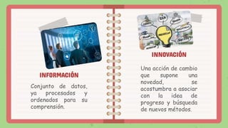 INFORMACIÓN
Conjunto de datos,
ya procesados y
ordenados para su
comprensión.
INNOVACIÓN
Una acción de cambio
que supone una
novedad, se
acostumbra a asociar
con la idea de
progreso y búsqueda
de nuevos métodos.
 