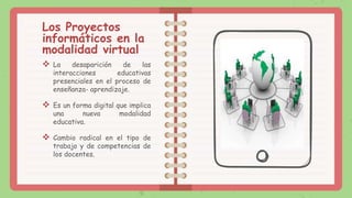 Los Proyectos
informáticos en la
modalidad virtual
 La desaparición de las
interacciones educativas
presenciales en el proceso de
enseñanza- aprendizaje.
 Es un forma digital que implica
una nueva modalidad
educativa.
 Cambio radical en el tipo de
trabajo y de competencias de
los docentes.
 