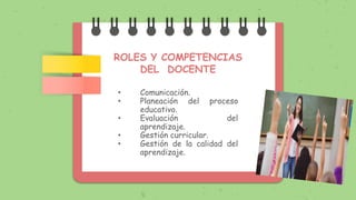 ROLES Y COMPETENCIAS
DEL DOCENTE
• Comunicación.
• Planeación del proceso
educativo.
• Evaluación del
aprendizaje.
• Gestión curricular.
• Gestión de la calidad del
aprendizaje.
 