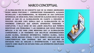 MARCO CONCEPTUAL
LA GLOBALIZACIÓN ES UN CONCEPTO QUE SE HA VENIDO ABORDANDO
DESDE VARIAS POSTURAS Y CORRIENTESDE PENSAMIENTO, ALGUNOS
INCONCLUSO Y MULTIDIMENSIONAL, SE REQUIERE DE UNA CAPACIDAD
INFERENCIAL DE GRAN NIVEL PARA CONCRETAR ALGUNAS IDEAS VALIDAS
SOBRE LO QUE ES LA GLOBALIZACIÓN EN CUANTO A DISCURSO Y
PROCESO. KELLNER (1997) SEÑALA QUE LA GLOBALIZACIÓN ES UN
FENÓMENO COMPLEJO QUE AGRUPA DIFERENTES TENSIONES Y
CONFLICTOS, Y ELLO EXIGE DE UNA LABOR ANALÍTICA QUE PERMITA
IDENTIFICAR LOS PROBLEMAS Y LAS DINÁMICAS QUE DICHO PROCESO
IMPULSA. A SU VEZ IANNI (1996) MENCIONA QUE LA GLOBALIZACIÓN
CORRESPONDE A UN FENÓMENO CON MÚLTIPLES DENOMINACIONES
(ALDEA GLOBAL, SOCIEDAD INFORMÁTICA, FÁBRICA GLOBAL, NUEVA
BABEL, ENTRE MUCHAS OTRAS), Y ESTO PERMITE CONCLUIR QUE SUS
CARACTERÍSTICAS SON DIVERSAS, QUE HAY MULTIPLICIDAD DE
ENFOQUES PARA SU ANÁLISIS E INTERPRETACIÓN, Y QUE RESULTA
VIGENTE COMO OBJETO DE ESTUDIO PARA LAS DIFERENTES DISCIPLINAS
Y CIENCIAS.
 