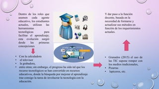 Dentro de los roles que
asumen cada agente
educativo, los estudiantes
actuales, utilizan las
herramientas
tecnológicas para
facilitar el aprendizaje;
esta evolución surgió
desde las primeras
concepciones
• Con la calculadora
• el televisor
• la grabadora,
• entre otras; sin embargo, el progreso ha sido tal que los
recurso tecnológicos se han convertido en recursos
educativos, donde la búsqueda por mejorar el aprendizaje
trae consigo la tarea de involucrar la tecnología con la
educación.
• Granados (2015) el uso de
las TIC supone romper con
los medios tradicionales,
• Pizarras
• lapiceros, etc.
Y dar paso a la función
docente, basada en la
necesidad de formarse y
actualizar sus métodos en
función de los requerimientos
actuales.
 