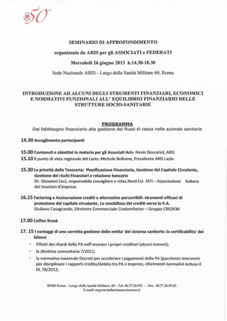 Gestione finanziaria e certificazione bilancio per strutture sanitarie,  Programma seminario Aris, Roma 26 giugno 2013 | PDF