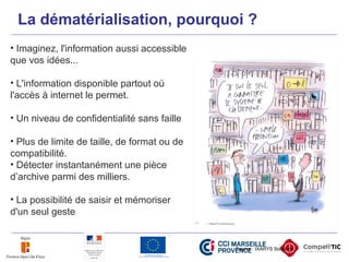 • Imaginez, l'information aussi accessible
que vos idées...
• L'information disponible partout où
l'accès à internet le permet.
• Un niveau de confidentialité sans faille
• Plus de limite de taille, de format ou de
compatibilité.
• Détecter instantanément une pièce
d’archive parmi des milliers.
• La possibilité de saisir et mémoriser
d'un seul geste
Source : IXARYS Solutions
La dématérialisation, pourquoi ?
 