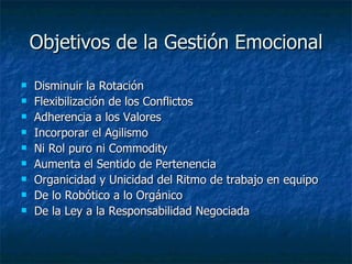 Objetivos de la Gestión Emocional Disminuir la Rotación Flexibilización de los Conflictos Adherencia a los Valores Incorporar el Agilismo Ni Rol puro ni Commodity Aumenta el Sentido de Pertenencia Organicidad y Unicidad del Ritmo de trabajo en equipo De lo Robótico a lo Orgánico De la Ley a la Responsabilidad Negociada 