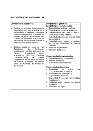 3.- COMPETENCIAS A DESARROLLAR


Competencias específicas                       Competencias genéricas
                                               Competencias instrumentales
•   Explicar los principios de la inferencia   • Capacidad de análisis y síntesis.
    estadística que son la teoría de la        • Capacidad de organizar y planificar.
    estimación y la teoría de pruebas de       • Conocimientos básicos de la carrera.
    hipótesis que permitan la aplicación y     • Comunicación oral y escrita.
    empleo de estas herramientas para          • Habilidades básicas de manejo de la
    la toma de decisiones acerca de los          computadora.
    parámetros poblacionales en base al        • Habilidad para buscar y analizar
    análisis del muestreo aleatorio.             información proveniente de fuentes
                                                 diversas.
•   Explicar, desde un punto de vista          • Solución de problemas.
    Estadístico,     los     fenómenos         • Toma de decisiones.
    involucrados en los procesos de
    Gestión      Empresarial     como:
    Aperturación de una Empresa,               Competencias interpersonales
    Comercialización     de      bienes        • Capacidad crítica y autocrítica.
    competitivos en volumen, en precio,
                                               • Trabajo en equipo.
    en calidad, Contratos de compra
                                               • Habilidades interpersonales.
    venta al mayoreo de bienes de
    producción.                                •
                                               Competencias sistémicas
                                               • Capacidad       de     aplicar   los
                                                 conocimientos en la práctica.
                                               • Habilidades de investigación.
                                               • Capacidad de aprender.
                                               • Capacidad de generar nuevas ideas
                                                 (creatividad).
                                               • Habilidad para trabajar en forma
                                                 autónoma.
                                               • Búsqueda del logro.
 
