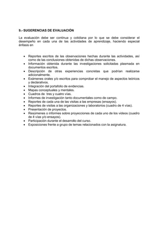 9.- SUGERENCIAS DE EVALUACIÓN

La evaluación debe ser continua y cotidiana por lo que se debe considerar el
desempeño en cada una de las actividades de aprendizaje, haciendo especial
énfasis en


  •   Reportes escritos de las observaciones hechas durante las actividades, así
      como de las conclusiones obtenidas de dichas observaciones.
  •   Información obtenida durante las investigaciones solicitadas plasmada en
      documentos escritos.
  •   Descripción de otras experiencias concretas que podrían realizarse
      adicionalmente.
  •   Exámenes orales y/o escritos para comprobar el manejo de aspectos teóricos
      y declarativos.
  •   Integración del portafolio de evidencias.
  •   Mapas conceptuales y mentales.
  •   Cuadros de tres y cuatro vías.
  •   Informes de investigación tanto documentales como de campo.
  •   Reportes de cada una de las visitas a las empresas (ensayos).
  •   Reportes de visitas a las organizaciones y laboratorios (cuadro de 4 vías).
  •   Presentación de proyectos.
  •   Resúmenes o informes sobre proyecciones de cada uno de los videos (cuadro
      de 4 vías y/o ensayos).
  •   Participación durante el desarrollo del curso.
  •   Exposiciones frente a grupo de temas relacionados con la asignatura.
 