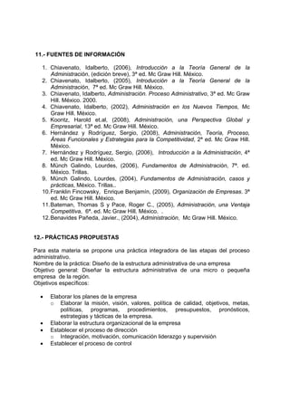 11.- FUENTES DE INFORMACIÓN

   1. Chiavenato, Idalberto, (2006), Introducción a la Teoría General de la
       Administración, (edición breve), 3ª ed. Mc Graw Hill. México.
   2. Chiavenato, Idalberto, (2005), Introducción a la Teoría General de la
       Administración, 7ª ed. Mc Graw Hill. México.
   3. Chiavenato, Idalberto, Administración. Proceso Administrativo, 3ª ed. Mc Graw
       Hill. México. 2000.
   4. Chiavenato, Idalberto, (2002), Administración en los Nuevos Tiempos, Mc
       Graw Hill. México.
   5. Koontz, Harold et.al, (2008), Administración, una Perspectiva Global y
       Empresarial, 13ª ed. Mc Graw Hill. México.
   6. Hernández y Rodríguez, Sergio, (2008), Administración, Teoría, Proceso,
       Áreas Funcionales y Estrategias para la Competitividad, 2ª ed. Mc Graw Hill.
       México.
   7. Hernández y Rodríguez, Sergio, (2006), Introducción a la Administración, 4ª
       ed. Mc Graw Hill. México.
   8. Münch Galindo, Lourdes, (2006), Fundamentos de Administración, 7ª. ed.
       México. Trillas.
   9. Münch Galindo, Lourdes, (2004), Fundamentos de Administración, casos y
       prácticas, México. Trillas..
   10. Franklin Fincowsky, Enrique Benjamín, (2009), Organización de Empresas. 3ª
       ed. Mc Graw Hill. México.
   11. Bateman, Thomas S y Pace, Roger C., (2005), Administración, una Ventaja
       Competitiva, 6ª. ed. Mc Graw Hill. México. .
   12. Benavides Pañeda, Javier., (2004), Administración, Mc Graw Hill. México.


12.- PRÁCTICAS PROPUESTAS

Para esta materia se propone una práctica integradora de las etapas del proceso
administrativo.
Nombre de la práctica: Diseño de la estructura administrativa de una empresa
Objetivo general: Diseñar la estructura administrativa de una micro o pequeña
empresa de la región.
Objetivos específicos:

  •   Elaborar los planes de la empresa
      o Elaborar la misión, visión, valores, política de calidad, objetivos, metas,
          políticas, programas, procedimientos, presupuestos, pronósticos,
          estrategias y tácticas de la empresa.
  •   Elaborar la estructura organizacional de la empresa
  •   Establecer el proceso de dirección
      o Integración, motivación, comunicación liderazgo y supervisión
  •   Establecer el proceso de control
 
