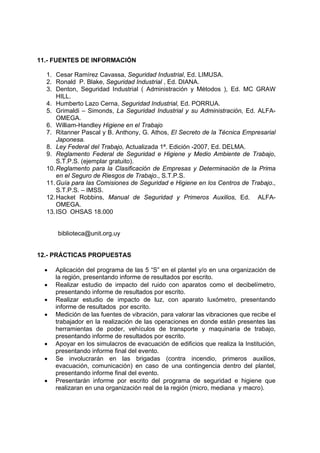 11.- FUENTES DE INFORMACIÓN

  1. Cesar Ramírez Cavassa, Seguridad Industrial, Ed. LIMUSA.
  2. Ronald P. Blake, Seguridad Industrial , Ed. DIANA.
  3. Denton, Seguridad Industrial ( Administración y Métodos ), Ed. MC GRAW
      HILL.
  4. Humberto Lazo Cerna, Seguridad Industrial, Ed. PORRUA.
  5. Grimaldi – Simonds, La Seguridad Industrial y su Administración, Ed. ALFA-
      OMEGA.
  6. William-Handley Higiene en el Trabajo
  7. Ritanner Pascal y B. Anthony, G. Athos, El Secreto de la Técnica Empresarial
      Japonesa.
  8. Ley Federal del Trabajo, Actualizada 1ª. Edición -2007, Ed. DELMA.
  9. Reglamento Federal de Seguridad e Higiene y Medio Ambiente de Trabajo,
      S.T.P.S. (ejemplar gratuito).
  10. Reglamento para la Clasificación de Empresas y Determinación de la Prima
      en el Seguro de Riesgos de Trabajo., S.T.P.S.
  11. Guía para las Comisiones de Seguridad e Higiene en los Centros de Trabajo.,
      S.T.P.S. – IMSS.
  12. Hacket Robbins, Manual de Seguridad y Primeros Auxilios, Ed. ALFA-
      OMEGA.
  13. ISO OHSAS 18.000


      biblioteca@unit.org.uy


12.- PRÁCTICAS PROPUESTAS

  •   Aplicación del programa de las 5 “S” en el plantel y/o en una organización de
      la región, presentando informe de resultados por escrito.
  •   Realizar estudio de impacto del ruido con aparatos como el decibelímetro,
      presentando informe de resultados por escrito.
  •   Realizar estudio de impacto de luz, con aparato luxómetro, presentando
      informe de resultados por escrito.
  •   Medición de las fuentes de vibración, para valorar las vibraciones que recibe el
      trabajador en la realización de las operaciones en donde están presentes las
      herramientas de poder, vehículos de transporte y maquinaria de trabajo,
      presentando informe de resultados por escrito.
  •   Apoyar en los simulacros de evacuación de edificios que realiza la Institución,
      presentando informe final del evento.
  •   Se involucrarán en las brigadas (contra incendio, primeros auxilios,
      evacuación, comunicación) en caso de una contingencia dentro del plantel,
      presentando informe final del evento.
  •   Presentarán informe por escrito del programa de seguridad e higiene que
      realizaran en una organización real de la región (micro, mediana y macro).
 