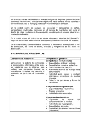 En la unidad tres se hace referencia a las tecnologías de empaque y codificación de
productos almacenados, considerando importante hacer énfasis en los sistemas y
procedimientos para el manejo y protección de inventarios en almacén.

En la unidad cuatro se analizan los conceptos y aplicaciones de tráfico,
transportación multimodal, maniobras en el manejo de inventarios; así como el
diseño de rutas y enlaces de transportación considerando el proceso aduanero e
implicaciones legales.

En la quinta unidad se profundiza en temas tales como sistemas de información,
negocios electrónicos y el control de operaciones por indicadores clave del proceso.

En la sexta unidad y última unidad se contempla la importancia estratégica de la red
de distribución, así como el diseño, técnicas y reingeniería de las redes de
distribución.

3.- COMPETENCIAS A DESARROLLAR

Competencias específicas                   Competencias genéricas
                                           Competencias instrumentales
Comprender la cadena de suministros,       • Capacidad de análisis y síntesis.
la cooperación e información entre todos   • Capacidad de organizar y planificar.
los eslabones que la integran, para        • Comunicación oral y escrita.
realizar una planeación integral de        • Habilidades básicas de manejo de la
operaciones conjuntas que permita el         computadora.
suministro de productos al consumidor      • Habilidad para buscar y analizar
final.                                       información proveniente de fuentes
                                             diversas.
                                           • Solución de problemas y Toma de
                                             decisiones.

                                           Competencias interpersonales
                                           • Capacidad crítica y autocrítica.
                                           • Trabajo en equipo.
                                           • Habilidades interpersonales.

                                           Competencias sistémicas
                                           • Capacidad       de     aplicar los
                                             conocimientos en la práctica.
                                           • Habilidades de investigación.
                                           • Capacidad de aprender.
                                           • Capacidad de generar nuevas ideas
                                             (creatividad).
 
