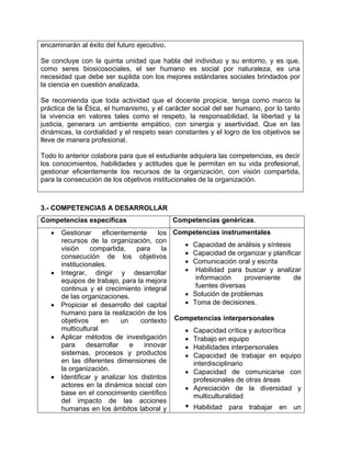 encaminarán al éxito del futuro ejecutivo.

Se concluye con la quinta unidad que habla del individuo y su entorno, y es que,
como seres biosicosociales, el ser humano es social por naturaleza, es una
necesidad que debe ser suplida con los mejores estándares sociales brindados por
la ciencia en cuestión analizada.

Se recomienda que toda actividad que el docente propicie, tenga como marco la
práctica de la Ética, el humanismo, y el carácter social del ser humano, por lo tanto
la vivencia en valores tales como el respeto, la responsabilidad, la libertad y la
justicia, generara un ambiente empático, con sinergia y asertividad. Que en las
dinámicas, la cordialidad y el respeto sean constantes y el logro de los objetivos se
lleve de manera profesional.

Todo lo anterior colabora para que el estudiante adquiera las competencias, es decir
los conocimientos, habilidades y actitudes que le permitan en su vida profesional,
gestionar eficientemente los recursos de la organización, con visión compartida,
para la consecución de los objetivos institucionales de la organización.



3.- COMPETENCIAS A DESARROLLAR
Competencias específicas                     Competencias genéricas.
      Gestionar     eficientemente     los Competencias instrumentales
       recursos de la organización, con
                                                Capacidad de análisis y síntesis
       visión     compartida,    para     la
                                                Capacidad de organizar y planificar
       consecución de los objetivos
       institucionales.                         Comunicación oral y escrita
      Integrar, dirigir y desarrollar          Habilidad para buscar y analizar
       equipos de trabajo, para la mejora         información       proveniente   de
       continua y el crecimiento integral         fuentes diversas
       de las organizaciones.                   Solución de problemas
      Propiciar el desarrollo del capital      Toma de decisiones.
       humano para la realización de los
       objetivos     en     un    contexto Competencias interpersonales
       multicultural                            Capacidad crítica y autocrítica
      Aplicar métodos de investigación         Trabajo en equipo
       para     desarrollar    e   innovar      Habilidades interpersonales
       sistemas, procesos y productos           Capacidad de trabajar en equipo
       en las diferentes dimensiones de          interdisciplinario
       la organización.                         Capacidad de comunicarse con
      Identificar y analizar los distintos      profesionales de otras áreas
       actores en la dinámica social con        Apreciación de la diversidad y
       base en el conocimiento científico        multiculturalidad
       del impacto de las acciones
       humanas en los ámbitos laboral y        • Habilidad para trabajar en un
 
