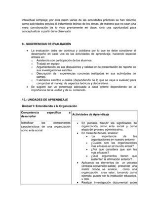 intelectual compleja; por esta razón varias de las actividades prácticas se han descrito
como actividades previas al tratamiento teórico de los temas, de manera que no sean una
mera corroboración de lo visto previamente en clase, sino una oportunidad para
conceptualizar a partir de lo observado



9.- SUGERENCIAS DE EVALUACIÓN

      La evaluación debe ser continua y cotidiana por lo que se debe considerar el
       desempeño en cada una de las actividades de aprendizaje, haciendo especial
       énfasis en:
       o Asistencia con participación de los alumnos.
       o Trabajo en equipo
       o Argumentación en sus discusiones y calidad en la presentación de reporte de
           sus investigaciones escritas.
       o Descripción de experiencias concretas realizadas en sus actividades de
           campo.
       o Exámenes escritos u orales (dependiendo de lo que se vaya a evaluar) para
           comprobar el manejo de aspectos teóricos y declarativos.
      Se sugiere dar un porcentaje adecuada a cada criterio dependiendo de la
       importancia de la unidad y de su contenido.


10.- UNIDADES DE APRENDIZAJE

Unidad 1: Entendiendo a la Organización

Competencia        específica       a
                                        Actividades de Aprendizaje
desarrollar

Identificar     los    componentes            En plenaria discutir los significados de
característicos de una organización            organización como ente social y como
como ente social                               etapa del proceso administrativo.
                                              En mesa de debate, analizar:
                                                       La     importancia       de      las
                                                       organizaciones en nuestro entorno
                                                    ¿Cuáles son las organizaciones
                                                       más eficaces en el mundo actual?
                                                    ¿Por qué considera que son las
                                                       más eficaces?
                                                    ¿Qué argumentos tienen que
                                                       sustenten la afirmación anterior?
                                              Aplicando los elementos de un proceso
                                               (entrada-conversión-salida) presentar una
                                               matriz donde se analice,         cómo una
                                               organización crea valor, tomando como
                                               ejemplo, puede ser la institución educativa,
                                               u otra.
                                              Realizar investigación documental sobre
 