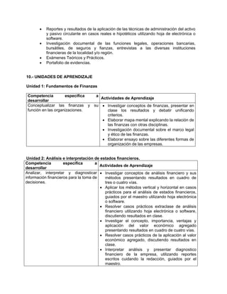    Reportes y resultados de la aplicación de las técnicas de administración del activo
           y pasivo circulante en casos reales e hipotéticos utilizando hoja de electrónica o
           software.
          Investigación documental de las funciones legales, operaciones bancarias,
           bursátiles, de seguros y fianzas, entrevistas a las diversas instituciones
           financieras de la localidad y/o región.
          Exámenes Teóricos y Prácticos.
          Portafolio de evidencias.


10.- UNIDADES DE APRENDIZAJE

Unidad 1: Fundamentos de Finanzas

 Competencia         específica       a
                                          Actividades de Aprendizaje
 desarrollar
 Conceptualizar las finanzas y       su    Investigar conceptos de finanzas, presentar en
 función en las organizaciones.             clase los resultados y debatir unificando
                                            criterios.
                                           Elaborar mapa mental explicando la relación de
                                            las finanzas con otras disciplinas.
                                           Investigación documental sobre el marco legal
                                            y ético de las finanzas.
                                           Elaborar ensayo sobre las diferentes formas de
                                            organización de las empresas.


 Unidad 2: Análisis e interpretación de estados financieros.
Competencia          específica       a
                                        Actividades de Aprendizaje
desarrollar
Analizar, interpretar y diagnosticar  Investigar conceptos de análisis financiero y sus
información financieros para la toma de   métodos presentando resultados en cuadro de
decisiones.                               tres o cuatro vías.
                                         Aplicar los métodos vertical y horizontal en casos
                                          prácticos para el análisis de estados financieros,
                                          guiados por el maestro utilizando hoja electrónica
                                          o software.
                                         Resolver casos prácticos extraclase de análisis
                                          financiero utilizando hoja electrónica o software,
                                          discutiendo resultados en clase.
                                         Investigar el concepto, importancia, ventajas y
                                          aplicación del valor económico agregado
                                          presentando resultados en cuadro de cuatro vías.
                                         Resolver casos prácticos de la aplicación al valor
                                          económico agregado, discutiendo resultados en
                                          clase.
                                         Interpretar análisis y presentar diagnostico
                                          financiero de la empresa, utilizando reportes
                                          escritos cuidando la redacción, guiados por el
                                          maestro.
 