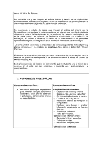 apoyo por parte del docente.


Las unidades dos y tres integran el análisis interno y externo de la organización,
haciendo énfasis, como todo el programa, al uso de herramientas de gestión para que la
actividad del estudiante vaya más allá de la intuición y reflexión.


Se recomienda el estudio de casos, para integrar el análisis del entorno con la
formulación de estrategias y la implementación de las mismas, que permita al estudiante
visualizar el impacto de las decisiones en los resultados del negocio, motivo por el cual
en la cuarta unidad, se pretende de familiarizar al estudiante con la selección de
estrategias, su diseño y valoración a través de un acercamiento a las principales
opciones estratégicas y la integración de un modelo de formulación de la estrategia.

 La quinta unidad, se dedica a la implantación de estrategias partiendo de los objetivos y
planes estratégicos y los modelos de despliegue, tales como el Catch Ball y Hoshin
Planning.


Finalmente, la sexta unidad ofrece un panorama de la evaluación de estrategias para la
creación de planes de contingencia y un sistema de control a través del Cuadro de
Mando Integral (CMI).

En la presentación de los trabajos es conveniente que el estudiante viva el mundo de la
empresa en el aula, con sus exigencias y responda con              profesionalismo    y
responsabilidad.




   3. COMPETENCIAS A DESARROLLAR


Competencias específicas:                      Competencias genéricas:

      Desarrollar estrategias empresariales Competencias instrumentales
       para obtener ventajas competitivas  Capacidad de análisis y síntesis
       sostenibles, en un entorno cambiante  Capacidad de organizar y planificar
       y globalizado, considerando criterios  Conocimientos básicos de la carrera
       de sustentabilidad.                    Comunicación oral y escrita
                                              Habilidades básicas de manejo de la
                                                computadora
                                              Habilidad para buscar y analizar
                                                información proveniente de fuentes
                                                diversas
                                              Solución de problemas
                                              Toma de decisiones.
                                             Competencias interpersonales
                                              Capacidad crítica y autocrítica
                                              Trabajo en equipo
                                              Habilidades interpersonales

                                               Competencias sistémicas
 