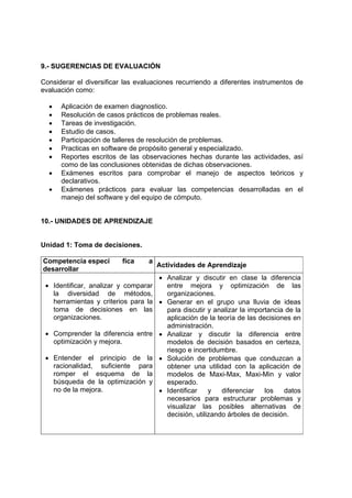 9.- SUGERENCIAS DE EVALUACIÓN

Considerar el diversificar las evaluaciones recurriendo a diferentes instrumentos de
evaluación como:

  •   Aplicación de examen diagnostico.
  •   Resolución de casos prácticos de problemas reales.
  •   Tareas de investigación.
  •   Estudio de casos.
  •   Participación de talleres de resolución de problemas.
  •   Practicas en software de propósito general y especializado.
  •   Reportes escritos de las observaciones hechas durante las actividades, así
      como de las conclusiones obtenidas de dichas observaciones.
  •   Exámenes escritos para comprobar el manejo de aspectos teóricos y
      declarativos.
  •   Exámenes prácticos para evaluar las competencias desarrolladas en el
      manejo del software y del equipo de cómputo.


10.- UNIDADES DE APRENDIZAJE


Unidad 1: Toma de decisiones.

Competencia especí        fica    a
                                      Actividades de Aprendizaje
desarrollar
                                    • Analizar y discutir en clase la diferencia
 • Identificar, analizar y comparar   entre mejora y optimización de las
   la diversidad de métodos,          organizaciones.
   herramientas y criterios para la • Generar en el grupo una lluvia de ideas
   toma de decisiones en las          para discutir y analizar la importancia de la
   organizaciones.                    aplicación de la teoría de las decisiones en
                                      administración.
 • Comprender la diferencia entre • Analizar y discutir la diferencia entre
   optimización y mejora.             modelos de decisión basados en certeza,
                                      riesgo e incertidumbre.
 • Entender el principio de la • Solución de problemas que conduzcan a
   racionalidad, suficiente para      obtener una utilidad con la aplicación de
   romper el esquema de la            modelos de Maxi-Max, Maxi-Min y valor
   búsqueda de la optimización y      esperado.
   no de la mejora.                 • Identificar    y   diferenciar   los   datos
                                      necesarios para estructurar problemas y
                                      visualizar las posibles alternativas de
                                      decisión, utilizando árboles de decisión.
 