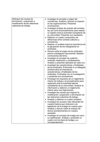 Distinguir las causas de         • Investigar el concepto y origen del
terminación, suspensión y          contrato-ley. Analizar y discutir su impacto
modificación de las relaciones     en las organizaciones. Presentar
colectivas de trabajo.             conclusiones.
                                 • Investigar el plazo de revisión del contrato-
                                   ley así como el procedimiento para realizar
                                   su registro ante la autoridad competente de
                                   su comunidad. Presentar sus resultados.
                                 • Elaborar un cuadro comparativo de
                                   diferencias entre contrato colectivo y
                                   contrato-ley.
                                 • Realizar un análisis sobre la importancia de
                                   la agrupación de los trabajadores en
                                   sindicatos.
                                 • Discutir sobre el origen de los sindicatos
                                   previa investigación documental. Realizar
                                   conclusiones del tema.
                                 • Investigar el concepto de coalición,
                                   sindicato, federación y confederación.
                                   Analizar y presentar ejemplos de cada uno.
                                 • Investigar las características y finalidades
                                   de los sindicatos. Entrevistar a un delegado
                                   sindical sobre la importancia,
                                   características y finalidades de los
                                   sindicatos. Contrastar con su investigación
                                   y presentar sus conclusiones.
                                 • Investigar los requisitos de un reglamento
                                   interior de trabajo y el procedimiento para
                                   registrarlo ante la autoridad laboral
                                   competente de su comunidad. Analizar la
                                   información y elaborar un reglamento
                                   interior para una organización.
                                 • Investigar las causas que originan la
                                   modificación, suspensión y terminación de
                                   las relaciones colectivas de trabajo.
                                 • Analizar y elaborar un cuadro sinóptico
                                 • Investigar los sucesos más relevantes de
                                   nuestra historia que motivaron a la
                                   legislación de la huelga en nuestro país.
                                   Analizar y discutir sobre el impacto de
                                   dichos acontecimientos en nuestra
                                   sociedad.
                                 • Investigar el concepto de huelga así como
                                   su clasificación. Analizar y presentar un
                                   cuadro con los tipos de huelga y su
                                   conceptualización.
 