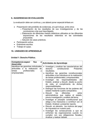 9.- SUGERENCIAS DE EVALUACIÓN

  La evaluación debe ser continua, y se deberá poner especial énfasis en:

  •   Presentación del portafolio de evidencias, el cual incluye, entre otros:
          o Presentación de los resultados de sus investigaciones y de las
              conclusiones a las que haya llegado.
          o Elaboración de diferentes medios didácticos utilizados en las diferentes
              exposiciones de los resultados obtenidos en las actividades
              propuestas.
          o Solución de casos prácticos.
  •   Participación activa.
  •   Exámenes escritos.
  •   Trabajo en quipo.

10.- UNIDADES DE APRENDIZAJE


Unidad 1: Derecho Público.

Competencia especí          fica     a
                                       Actividades de Aprendizaje
desarrollar
Identificar las garantías individuales • Investigar y analizar las características del
atribuibles a la realización de           derecho        constitucional.      Presentar
tareas          profesionales        y    resultados.
empresariales                          • Identificar las garantías constitucionales
                                          atribuibles a los individuos en la realización
                                          de tareas profesionales y empresariales.
                                       • Investigar las responsabilidades del
                                          Estado, analizar y discutir, desde su punto
                                          de vista, el cumplimiento de dichas
                                          responsabilidades.
                                       • Distinguir las funciones de los poderes del
                                          estado mediante cuadro comparativo.
                                       • Discutir      los     diferentes          actos
                                          administrativos que realiza el estado,
                                          previa investigación y análisis del tema.
                                       • Investigar el precepto constitucional que
                                          obliga a los mexicanos a contribuir con el
                                          Estado. Analizar y presentar reporte.
                                       • Discutir, en plenaria, los motivos del pago
                                          de impuestos en nuestro país.
                                       • Investigar las consecuencias a que se
                                          enfrentan las organizaciones cuando no
                                          cumplen con sus obligaciones fiscales.
                                          Analizar y realizar debate.
 