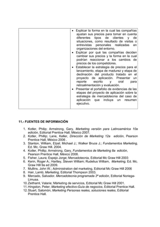 • Explicar la forma en la cual las compañías
                                      ajustan sus precios para tomar en cuenta
                                      diferentes tipos de clientes y de
                                      situaciones, como resultado de visitas o
                                      entrevistas personales realizadas en
                                      organizaciones del entorno.
                                    • Explicar por qué las compañías deciden
                                      cambiar sus precios y la forma en la cual
                                      podrían reaccionar a los cambios de
                                      precios de los competidores.
                                    • Establecer la estrategia de precios para el
                                      lanzamiento, etapa de madurez y etapa de
                                      declinación del producto tratado en el
                                      proyecto de aplicación. Presentar un
                                      reporte      escrito     y     oral    para
                                      retroalimentación y evaluación.
                                    • Presentar el portafolio de evidencias de las
                                      etapas del proyecto de aplicación sobre la
                                      estrategia de mercadotecnia del caso de
                                      aplicación que incluya un resumen
                                      ejecutivo.




11.- FUENTES DE INFORMACIÓN

  1. Kotler, Philip; Armstrong, Gary, Marketing versión para Latinoamérica 10a
      edición, Editorial Prentice Hall, México 2007.
  2. Kotler, Phillip; Lane, Keller, Dirección de Marketing 12a edición, Pearson
      Prentice Hall, México 2006 .
  3. Stanton, William, Etzel; Michael J.; Walker Bruce J.; Fundamentos Marketing,
      Ed. Mc. Graw Hill. 2004.
  4. Kotler, Phillip; Armstrong, Gary, Fundamentos de Marketing 8a edición,
      Pearson Prentice Hall, México 2008.
  5. Fisher, Laura; Espejo Jorge; Mercadotecnia, Editorial Mc Graw Hill 2003
  6. Kerin, Roger A.; Hartley, Steven William; Rudelius William, Marketing, Ed. Mc.
      Graw Hill 9a ed 2009.
  7. Mullins, John W.; Administration del marketing, Editorial Mc Graw Hill 2006
  8. Hair, Lamb; Marketing, Editorial Thompson 2003.
  9. Mercado, Salvador. Mercadotecnia programada 3ª edición, Editorial Noriega-
      Limusa.
  10. Zeithaml, Valarie; Márketing de servicios, Editorial Mc Graw Hill 2001.
  11. Hingston, Peter; Marketing efectivo-Guía de negocios, Editorial Prentice Hall.
  12. Stuart, Salomón; Marketing Personas reales, soluciones reales, Editorial
      Prentice Hall.
 