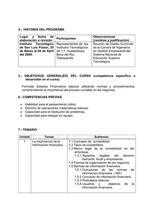 4.- HISTORIA DEL PROGRAMA

Lugar y fecha de                                     Observaciones
                          Participantes
elaboración o revisión                               (cambios y justificación)
Instituto Tecnológico     Representantes de los      Reunión de Diseño Curricular
de San Luis Potosí, 29    Institutos Tecnológicos    de la Carrera de Ingeniería
de Marzo al 04 de Abril   de: I.T. Huatabampo,       en Gestión Empresarial del
del 2009.                 Boca del Rio,              Sistema Nacional de
                          Tlalnepantla               Educación Superior
                                                     Tecnológica



5.- OBJETIVO(S) GENERAL(ES) DEL CURSO (competencia específica a
    desarrollar en el curso)

  Formular Estados Financieros básicos utilizando normas y procedimientos,
  comprendiendo la importancia del proceso contable en los negocios.

6.- COMPETENCIAS PREVIAS

 •   Habilidad para el pensamiento critico.
 •   Dominio de operaciones matemáticas básicas.
 •   Capacidad para la resolución de problemas.
 •   Capacidad para trabajar en equipo.



7.- TEMARIO

Unidad            Temas                               Subtemas
     1   La importancia de la      1.1 Concepto de contabilidad.
         Información financiera.   1.2 Tipos de contabilidad.
                                   1.3 Marco legal de la contabilidad en las
                                       empresas.
                                       1.3.1 Aspectos      legales    del    derecho
                                             mercantil, fiscal y empresarial.
                                   1.4 Formas de organización de los negocios.
                                   1.5 Normas de información financiera.
                                       1.5.1 Estructuras de las normas de
                                             información financiera. ( NIF).
                                       1.5.2 Concepto de información financiera.
                                       1.5.3 Postulados básicos.
                                       1.5.4 Usuarios y           objetivos de la
                                             información financiera.
 