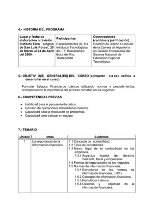 4.- HISTORIA DEL PROGRAMA

Lugar y fecha de                                       Observaciones
                            Participantes
elaboración o revisión                                 (cambios y justificación)
Instituto Tecn ológico      Representantes de los      Reunión de Diseño Curricular
de S an Lu is Potos í, 29   Institutos Tecnológicos    de la Carrera de Ingeniería
de Marzo al 04 de Abril     de: I.T. Huatabampo,       en Gestión Empresarial del
del 2009.                   Boca del Rio,              Sistema Nacional de
                            Tlalnepantla               Educación Superior
                                                       Tecnológica



5.- OBJETIV O(S) GENERAL(ES) DEL CURSO (competen                   cia esp ecífica a
     desarrollar en el curso)

  Formular Estados Financieros básicos utilizando normas y procedimientos,
  comprendiendo la importancia del proceso contable en los negocios.

6.- COMPETENCIAS PREVIAS

 •   Habilidad para el pensamiento critico.
 •   Dominio de operaciones matemáticas básicas.
 •   Capacidad para la resolución de problemas.
 •   Capacidad para trabajar en equipo.



7.- TEMARIO

Unidad T             emas                               Subtemas
     1     La importancia de la      1.1 Concepto de contabilidad.
           Información financiera.   1.2 Tipos de contabilidad.
                                     1.3 Marco legal de la contabilidad en las
                                         empresas.
                                         1.3.1 Aspectos      legales    del    derecho
                                               mercantil, fiscal y empresarial.
                                     1.4 Formas de organización de los negocios.
                                     1.5 Normas de información financiera.
                                         1.5.1 Estructuras de las normas de
                                               información financiera. ( NIF).
                                         1.5.2 Concepto de información financiera.
                                         1.5.3 Postulados básicos.
                                         1.5.4 Usuarios y           objetivos de la
                                               información financiera.
 