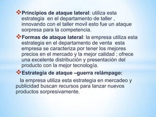 Principios de ataque lateral: utiliza esta
   estrategia en el departamento de taller ,
   innovando con el taller movil esto fue un ataque
   sorpresa para la competencia.
Formas de ataque lateral: la empresa utiliza esta
   estrategia en el departamento de venta esta
   empresa se caracteriza por tener los mejores
   precios en el mercado y la mejor calidad ; ofrece
   una excelente distribución y presentación del
   producto con la mejor tecnología.
Estrategia de ataque –guerra relámpago:
  la empresa utiliza esta estrategia en mercadeo y
publicidad buscan recursos para lanzar nuevos
productos sorpresivamente.
 
